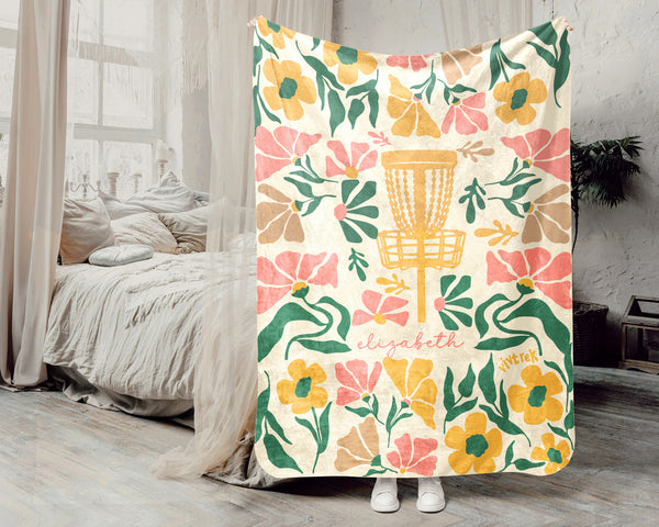 Custom Name Floral Disc Golf Blanket, Cozy Sports Lover Throw