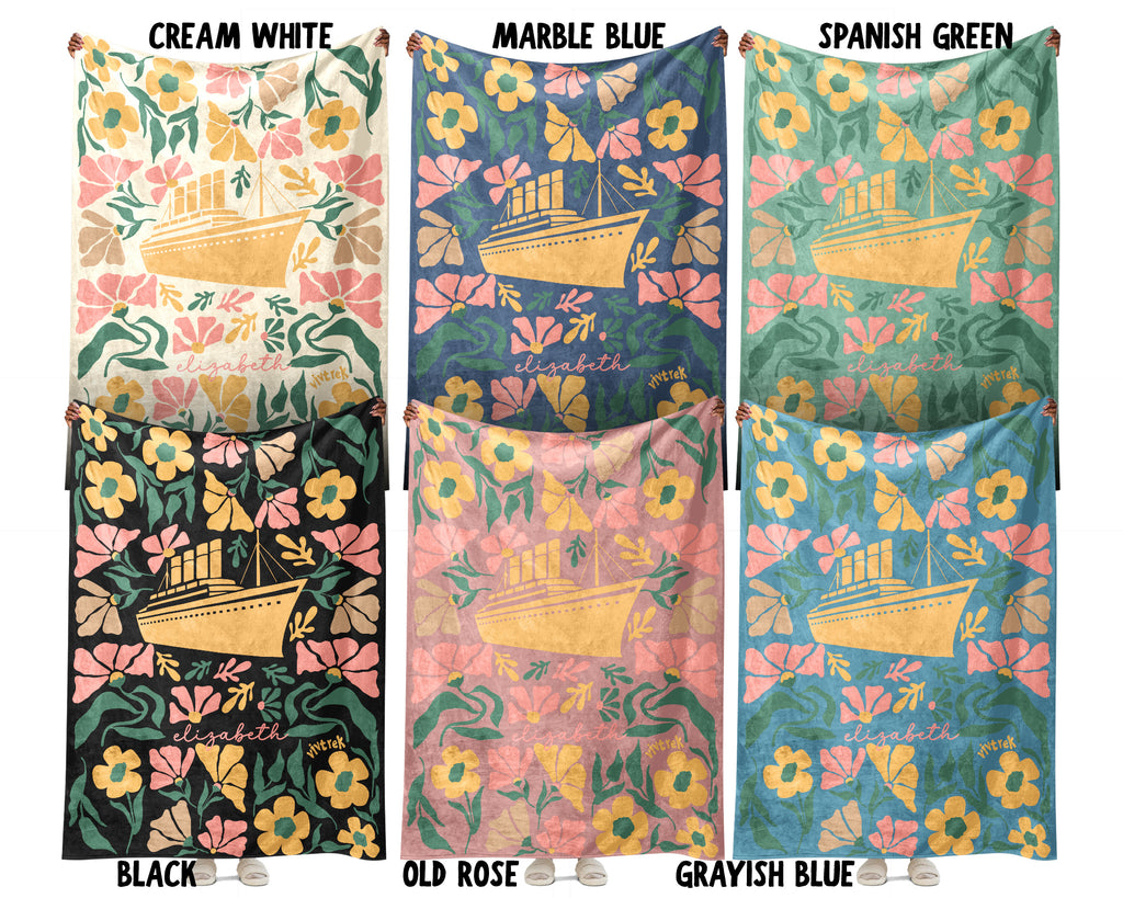 Personalized Floral Titanic Ship Blanket with Custom Name, Cozy Wildflower Ocean Liner Throw for Kids Teens Adults, History Lover Gift
