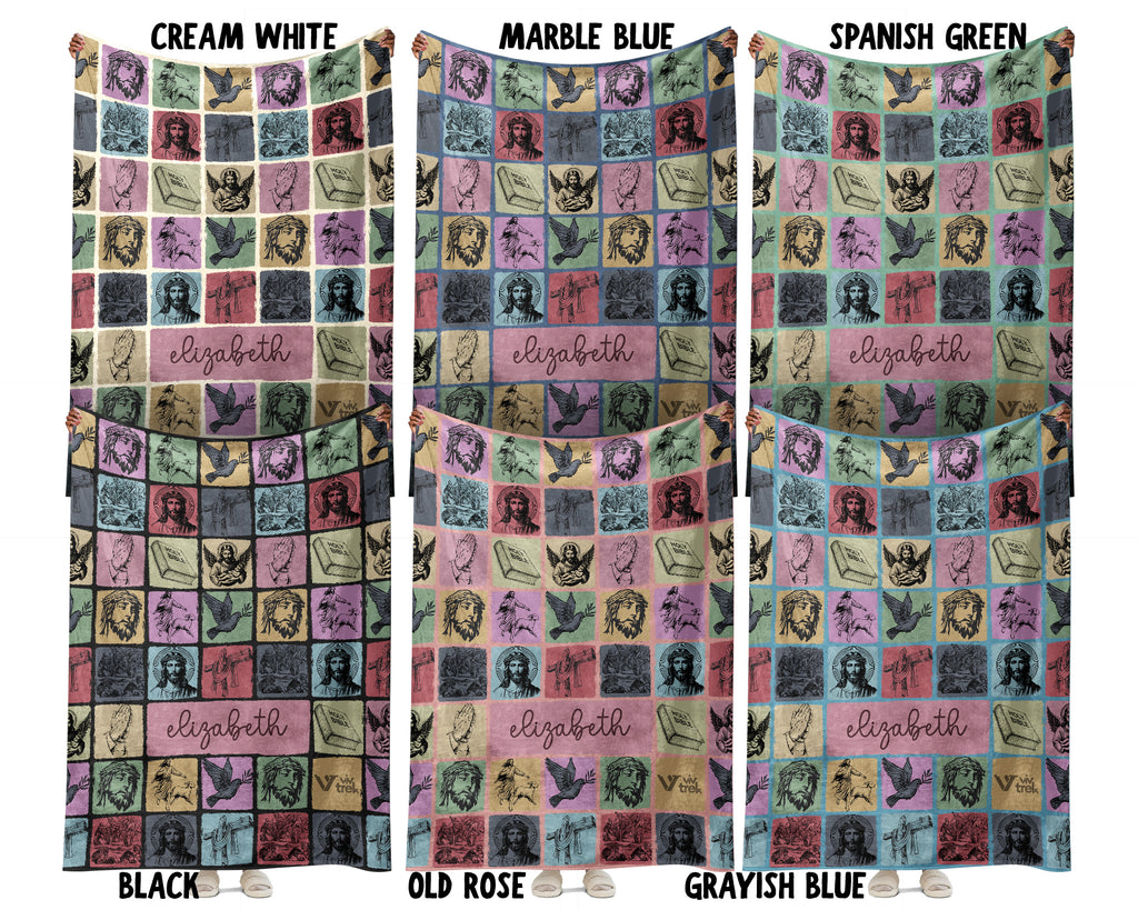 Custom Retro Christian Jesus Blanket Personalized Name, Cozy Faith Throw Gift for Believers, Religious Home Decor