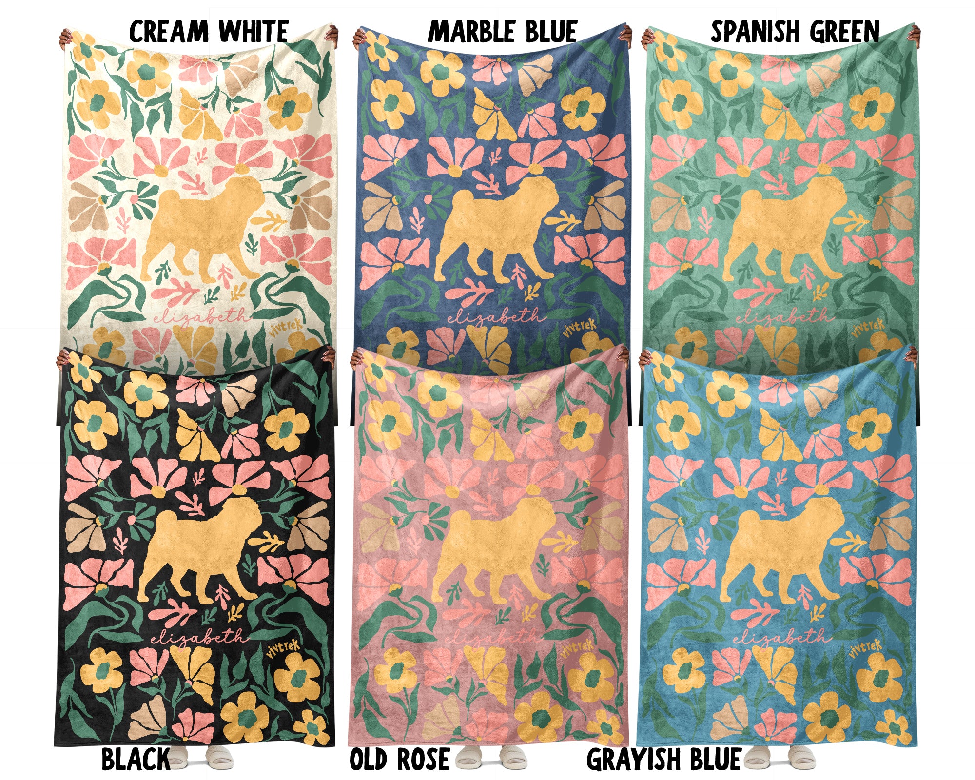 Custom Name Floral Pug Blanket, Personalized Cozy Wildflower Pug Throw for Kids Teens Adults, Dog Mom Birthday Gift