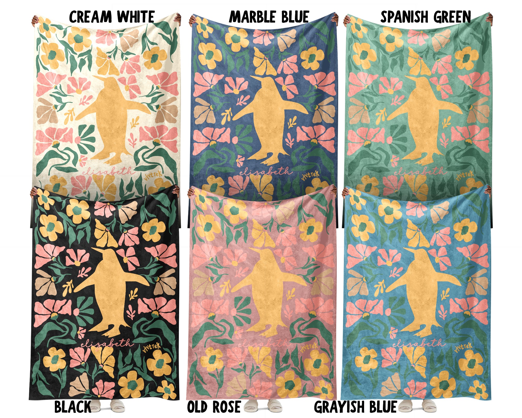 Personalized Name Floral Penguin Blanket, Cozy Floral Throw for Kids Teens Adults, Cute Penguin Lover Gift