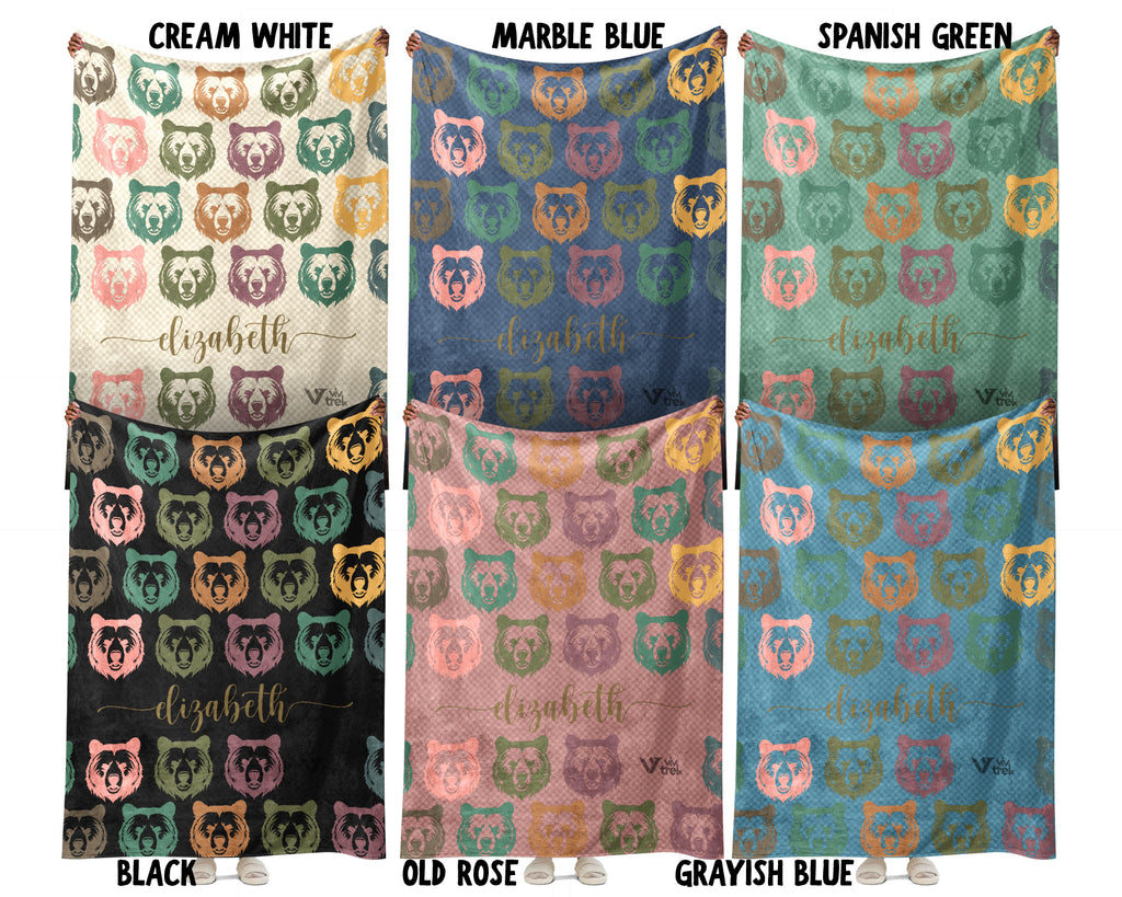 Custom Bear Blanket Personalized Name Retro Wildlife Throw Cozy Rustic Forest Decor Unique Animal Graphic Gift Home Accent