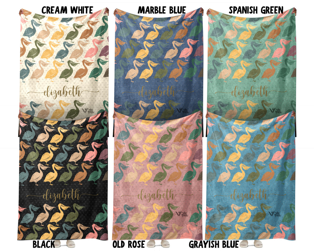 Custom Name Pelican Blanket, Cozy Retro Coastal Throw for Bird and Nature Lovers