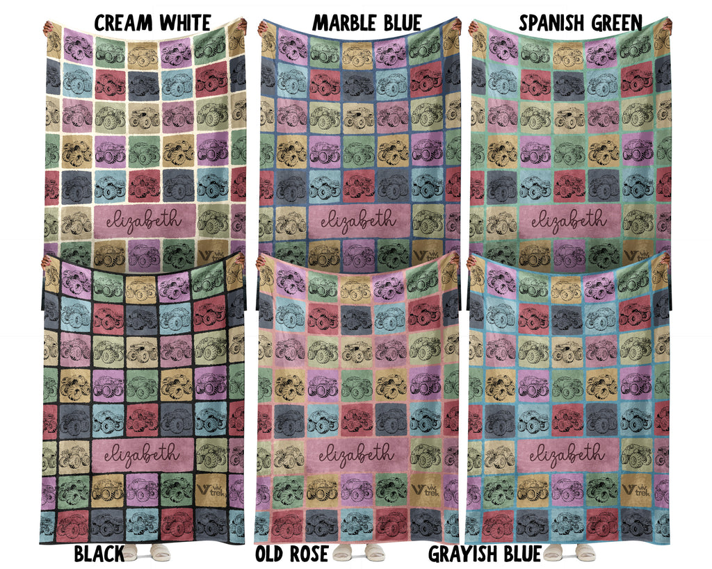Custom Kids Monster Truck Blanket with Personalized Name, Retro Truck Throw for Boys, Cozy Monster Truck Lover Gift, Fun Room Decor