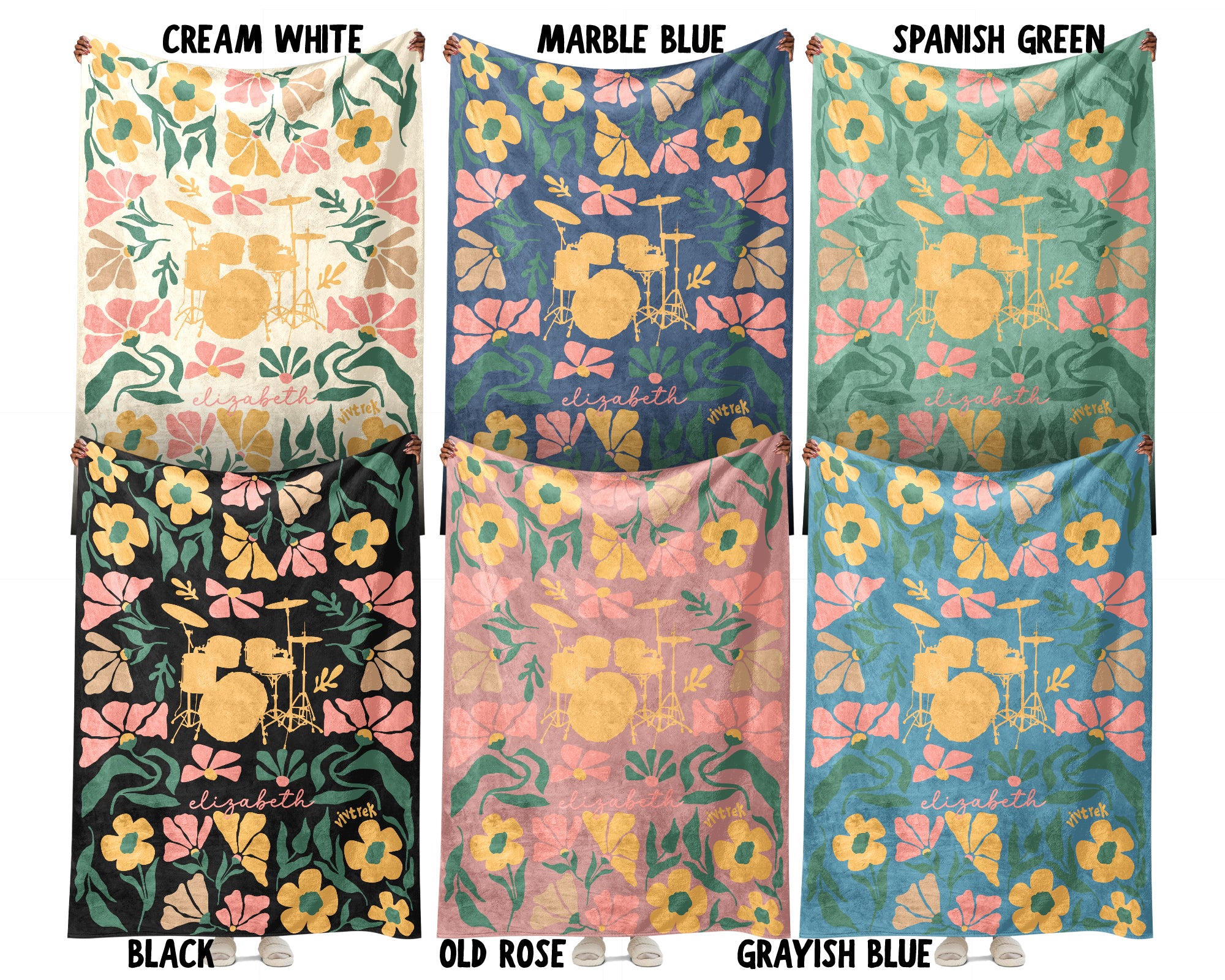 Floral Drummer Blanket with Custom Name, Cozy Wildflower Drum Kit Throw for Kids Teens Adults, Music Lover Gift