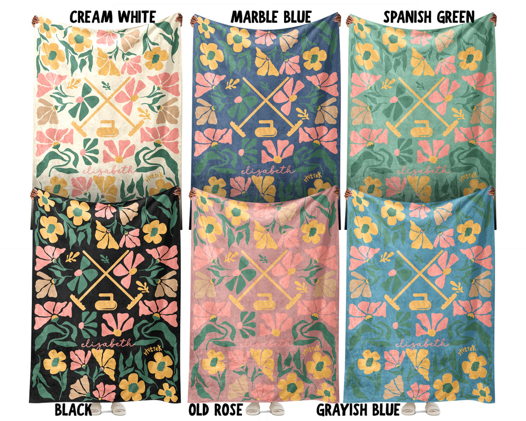 Floral Curling Blanket with Custom Name, Cozy Curling Throw Gift for Kids Teens Adults, Perfect Birthday Sports Present