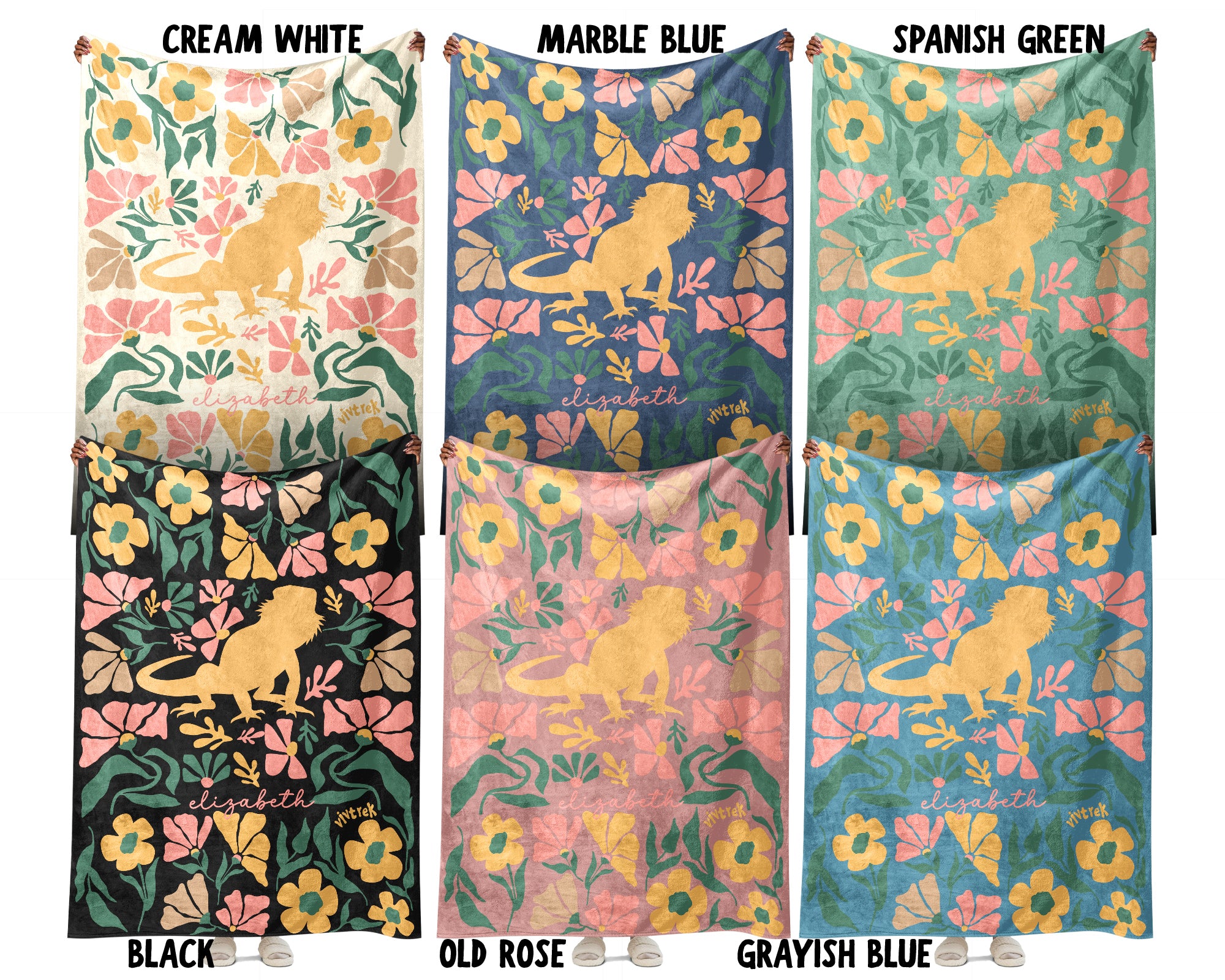 Floral Custom Name Bearded Dragon Blanket, Cozy Floral Lizard Throw for Kids Teens Adults, Cute Reptile Lover Gift