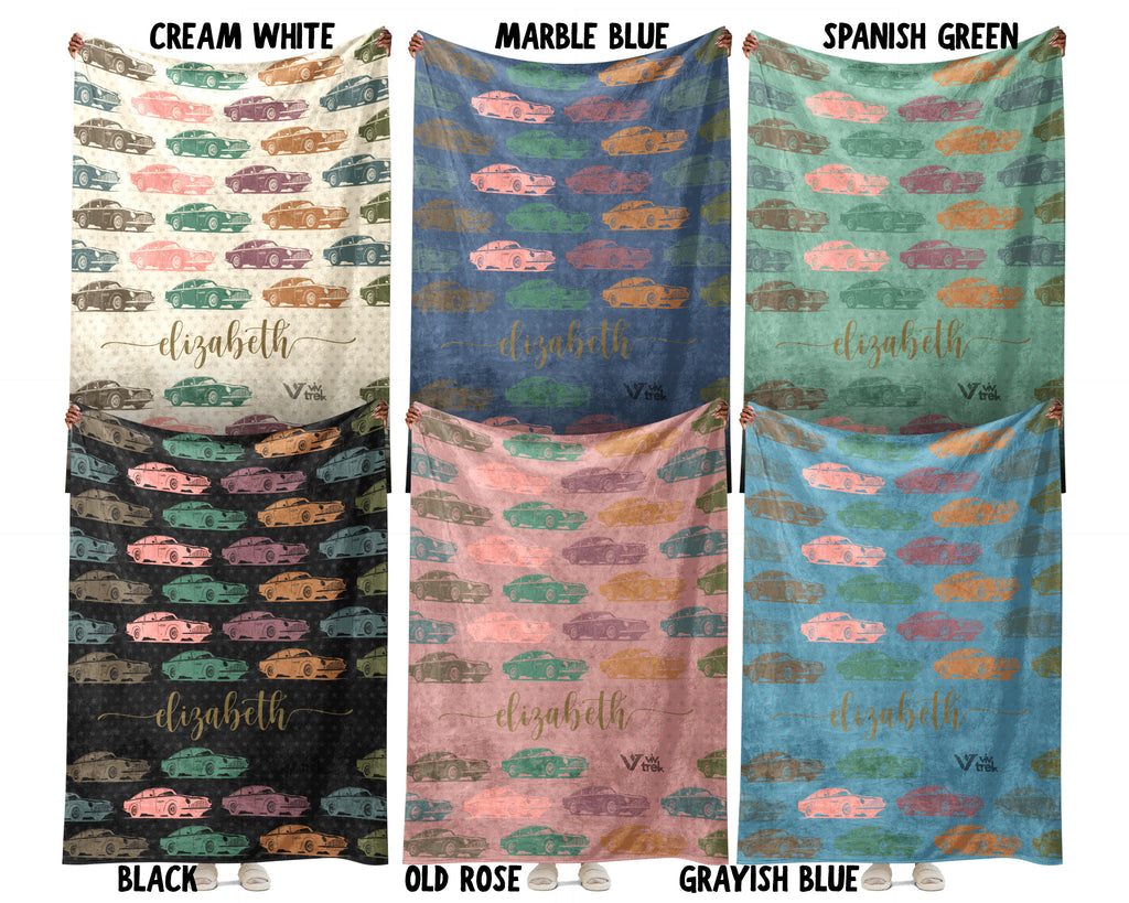 Custom Name Classic Car Blanket, Personalized Vintage Vehicle Throw, Cozy Garage Gift for Auto Enthusiasts