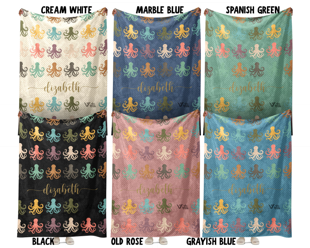 Personalized Octopus Lover Blanket Custom Name Retro Ocean Animal Throw Cozy Marine Life Fleece Gift Nautical Home Decor Accent