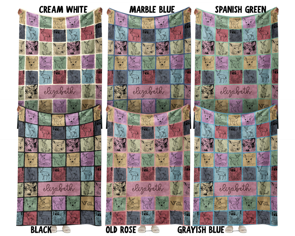 Custom Retro Baby Deer Blanket Personalized Name, Cute Fawn Wildlife Throw, Cozy Nature Gift for Kids Teens Adults