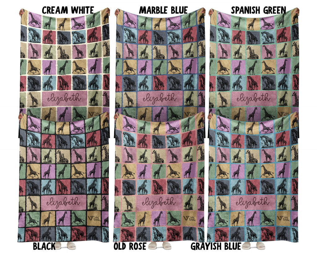 Personalized Giraffe Blanket – Custom Name Cozy Vintage Wildlife Throw
