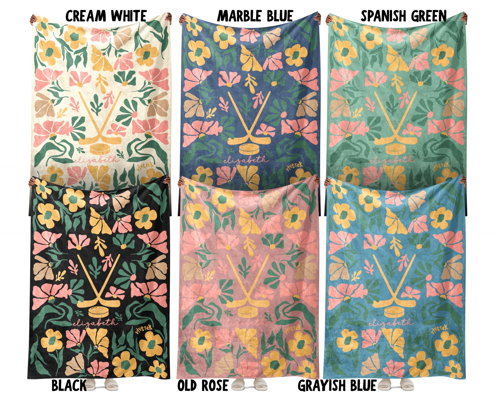 Custom Name Floral Ice Hockey Blanket, Personalized Cozy Wildflower Ice Hockey Throw for Kids Teens Adults, Sports Mom Gift