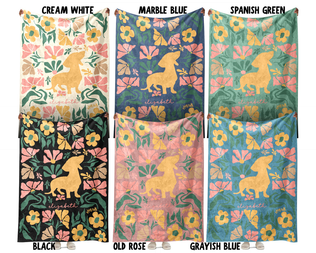 Personalized Name Floral Dachshund Blanket, Cozy Wiener Dog Lover Throw