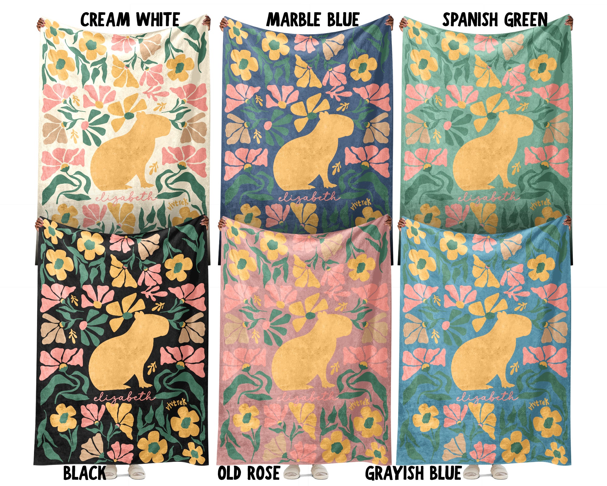 Floral Custom Name Capybara Blanket, Cozy Floral Capybara Throw Gift for Kids Teens Adults, Perfect Birthday Animal Gift