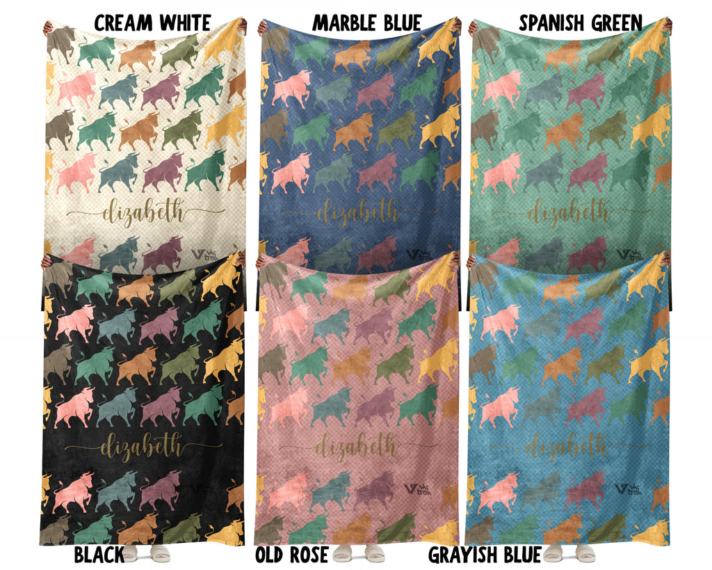 Custom Name Retro Bull Blanket, Personalized Rustic Ranch Throw for Cow Farm Wildlife Lover Home Decor and Gifts