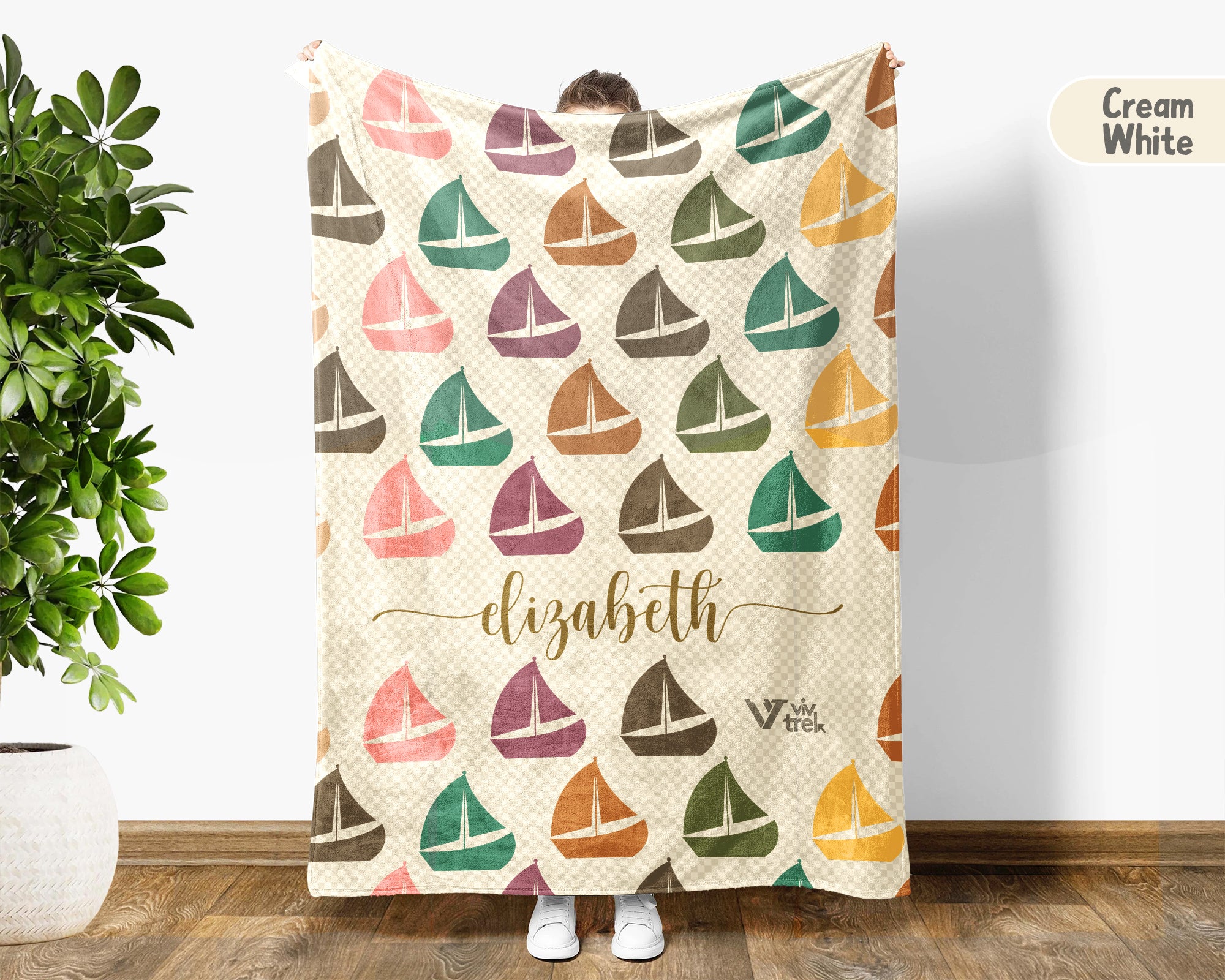 Custom Name Retro Sailing Blanket, Personalized Boat Throw for Nautical Lover Cabin Decor and Cozy Coastal Gifts