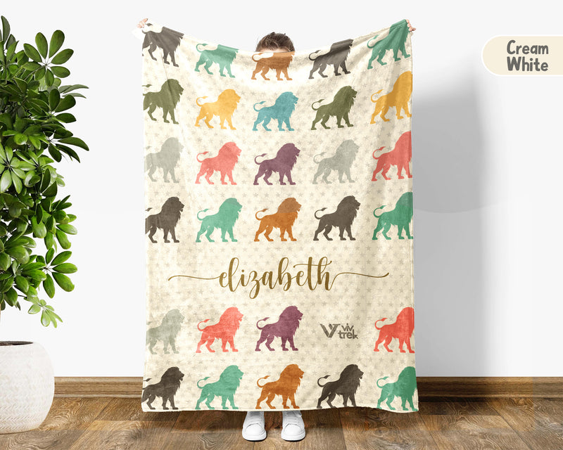 Personalized Vintage Lion Blanket Custom Name Safari Throw Retro Jungle Wildlife Big Cat Cozy Animal Gift Soft Fleece Home Decor Accent