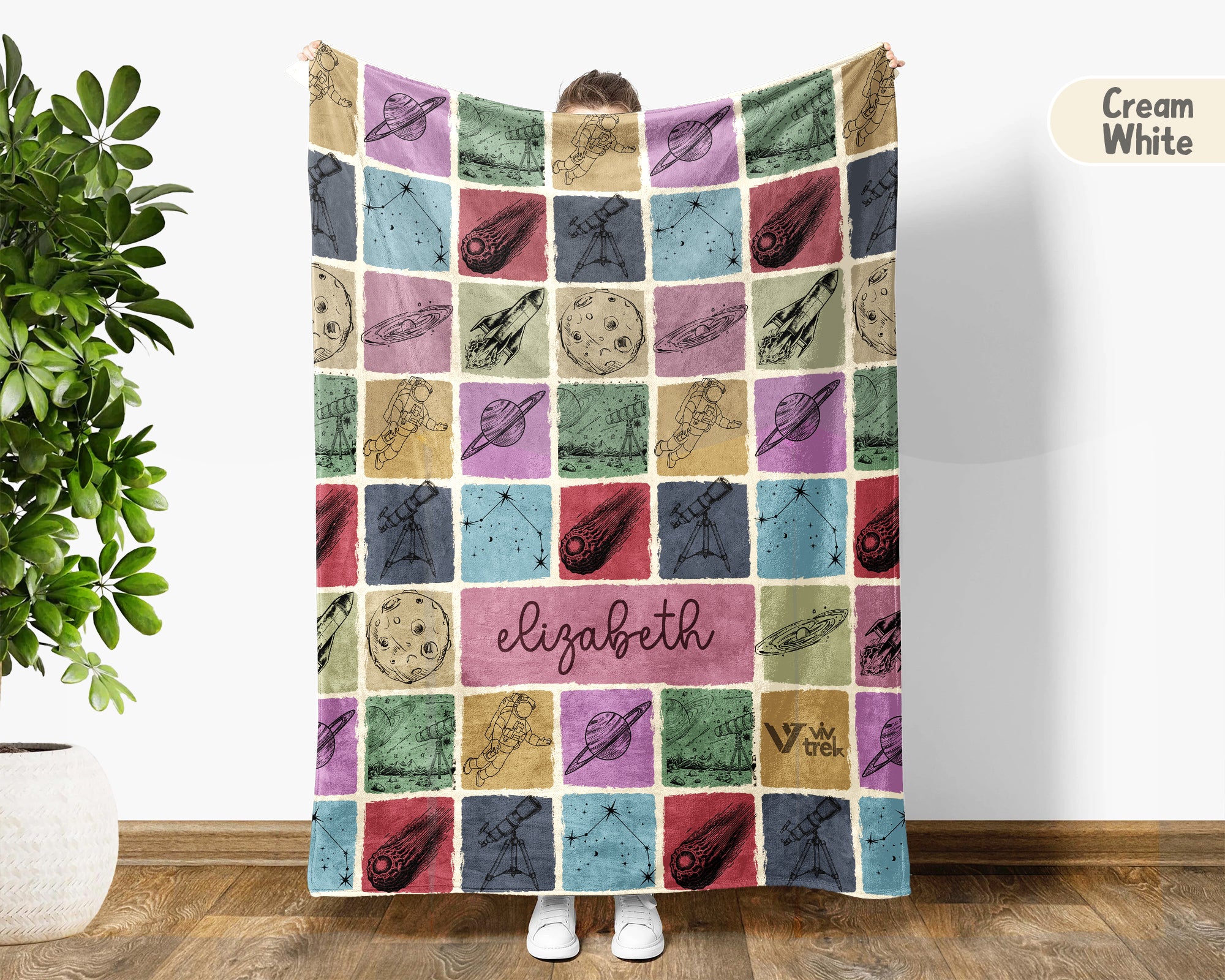 Personalized Name Space Galaxy Blanket, Retro Astronomy Throw Gift for Rocket Star Lovers, Custom Planet Astronaut Decor