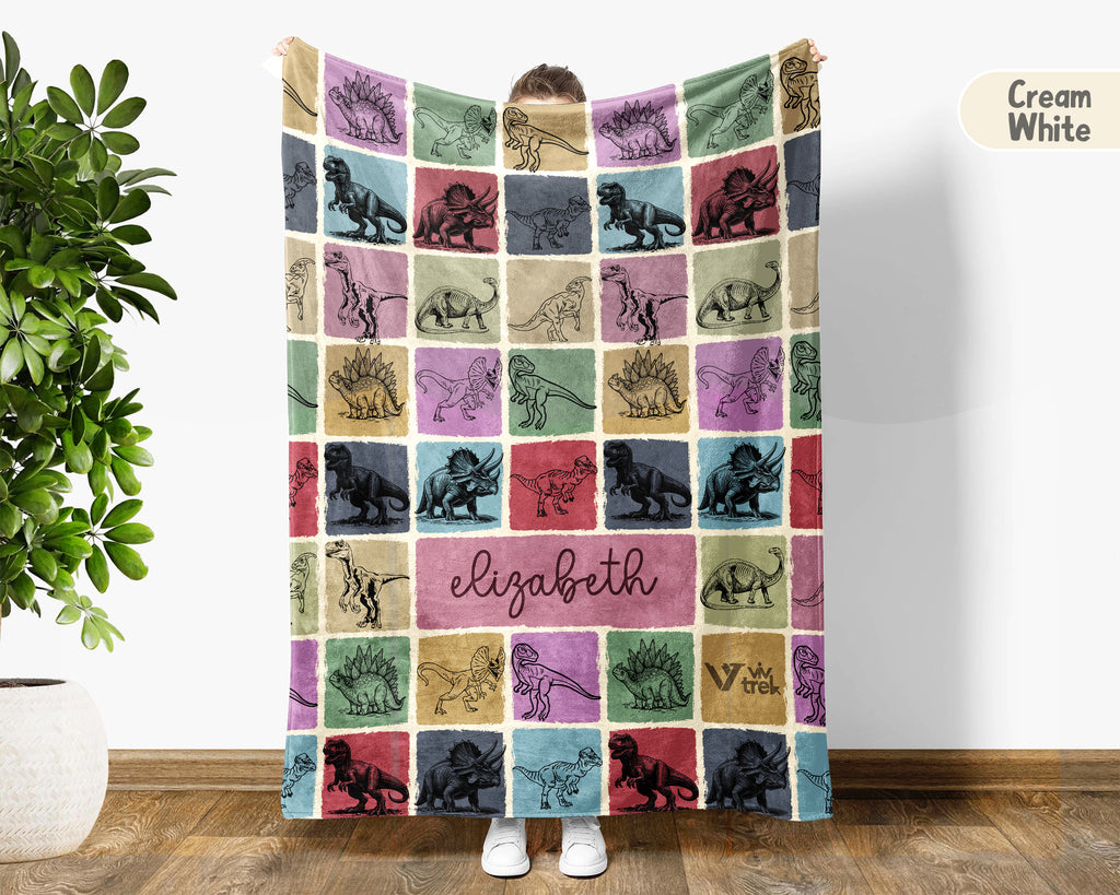 Custom Dinosaur Blanket Personalized Name Retro Dino Throw Cozy Prehistoric Animal Decor Unique Paleontology Gift Home Accent