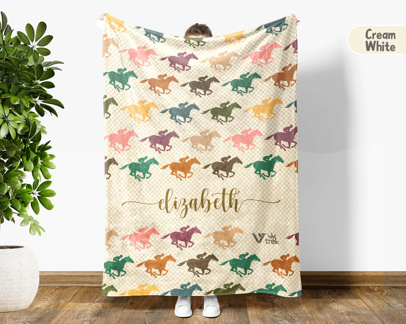 Custom Name Horse Racing Blanket Sporty Throw Cozy Personalized Gift Soft Equestrian Decor for Racing Fans Home