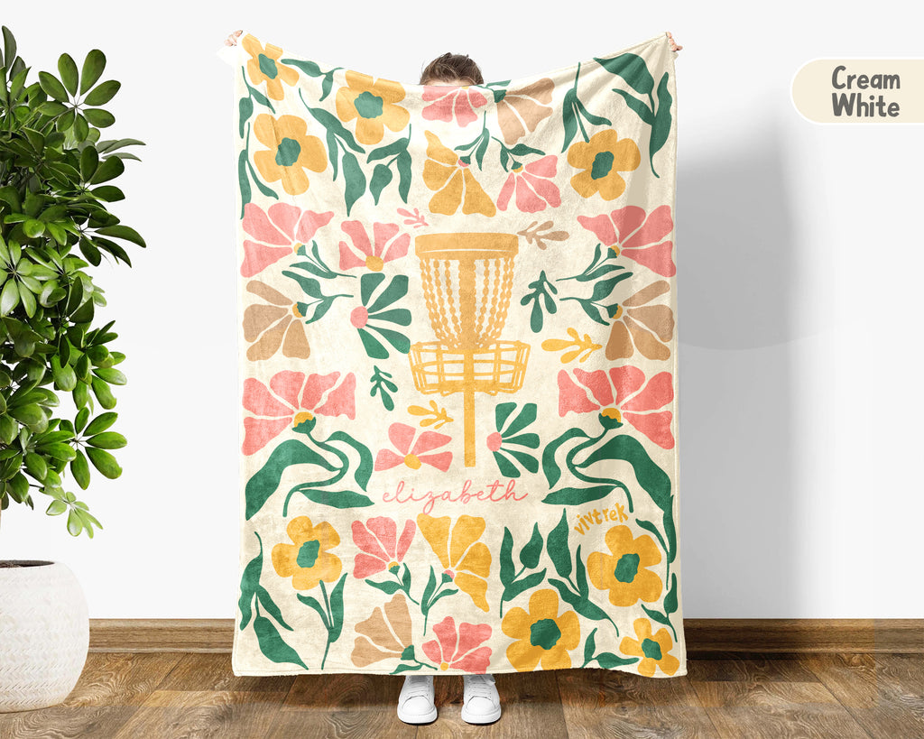 Custom Name Floral Disc Golf Blanket, Cozy Sports Lover Throw