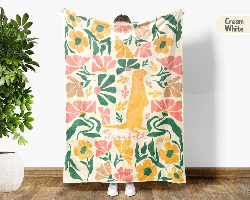 Personalized Floral Otter Blanket with Custom Name, Cozy Floral Throw for Kids Teens Adults, Cute Otter Lover Birthday Gift