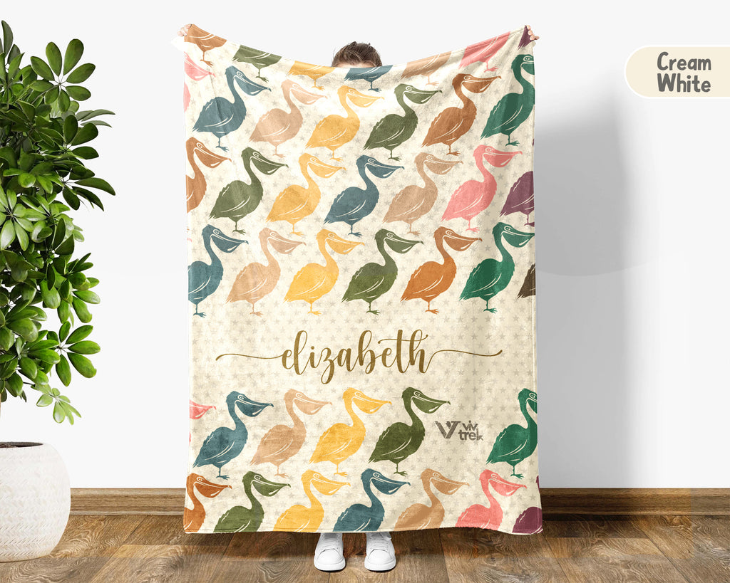Custom Name Pelican Blanket, Cozy Retro Coastal Throw for Bird and Nature Lovers