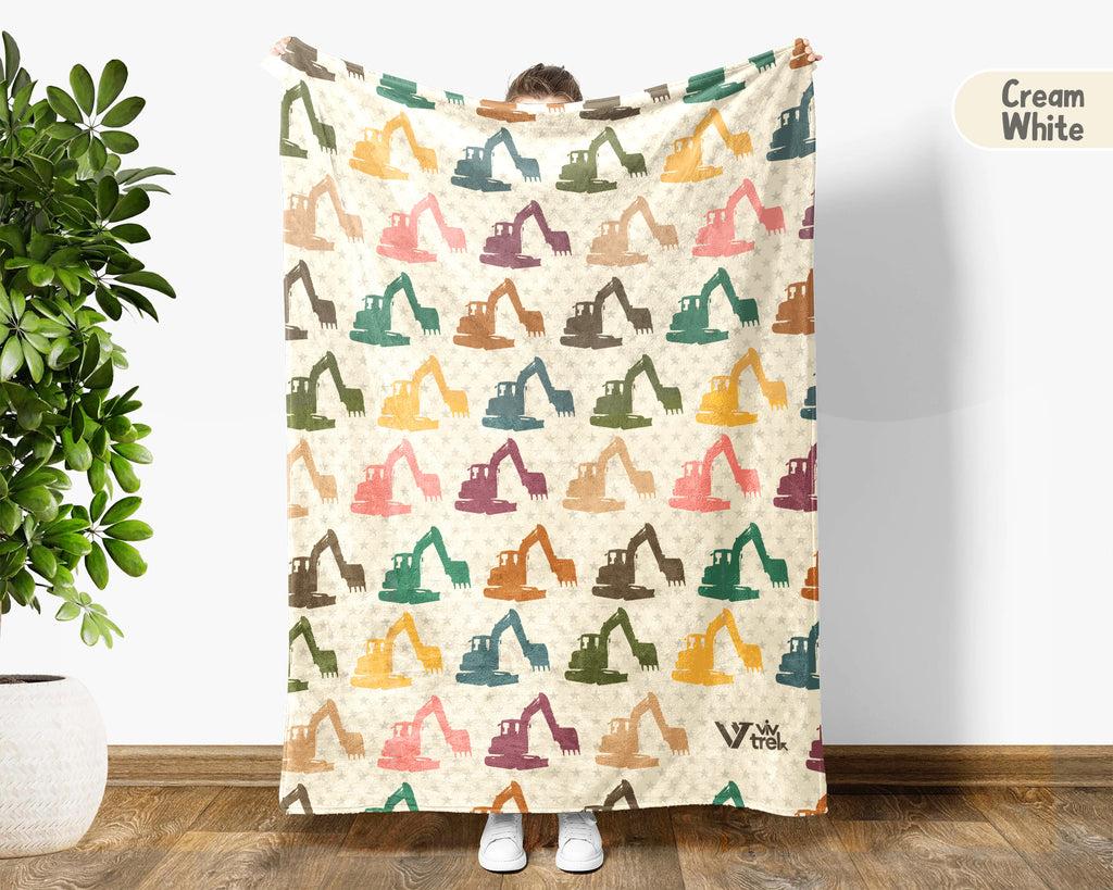 Retro Construction Equipment Blanket, Kids Truck Throw, Bulldozer Crane Loader Cozy Blanket, Vintage Machinery Gift for Boys Girls