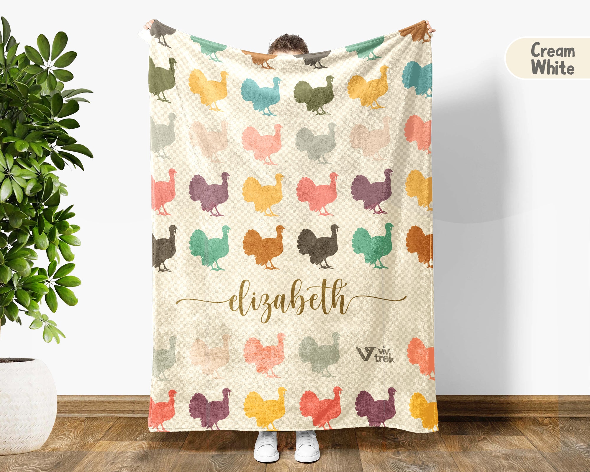 Custom Name Retro Turkey Blanket, Personalized Thanksgiving Throw for Cozy Fall Decor and Seasonal Holiday Gifts