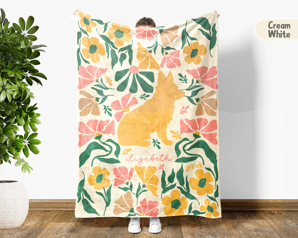 Personalized Name Floral Corgi Blanket, Cozy Dog Lover Throw for Home