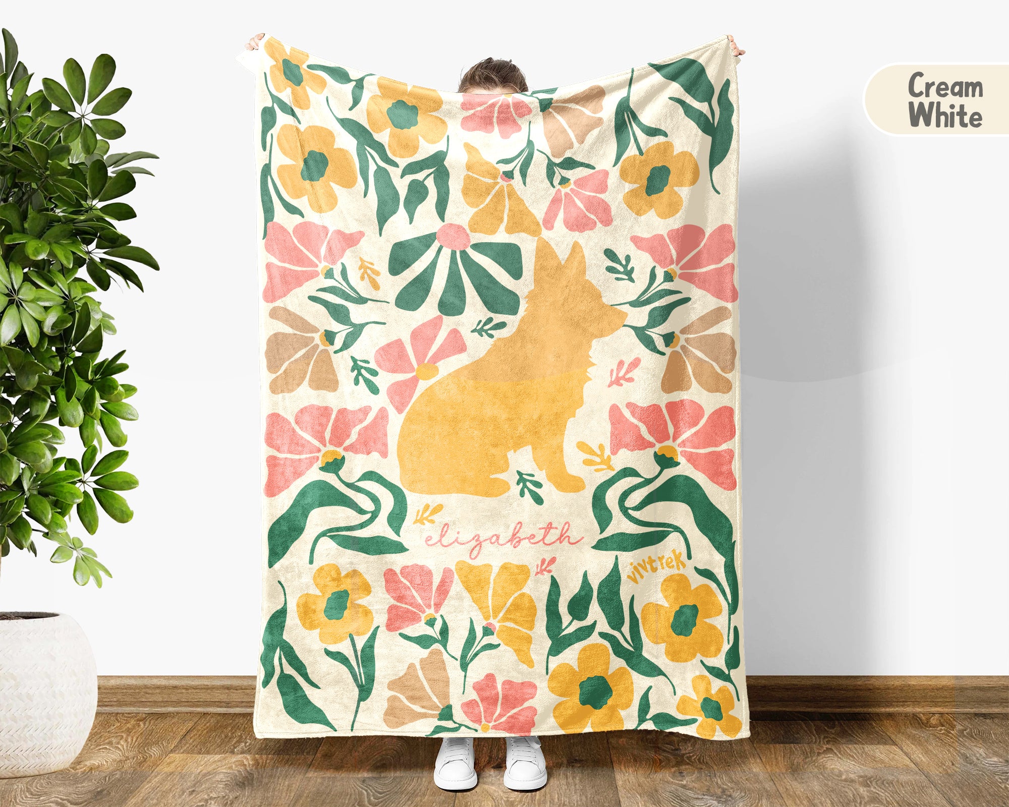Personalized Name Floral Corgi Blanket, Cozy Dog Lover Throw for Home