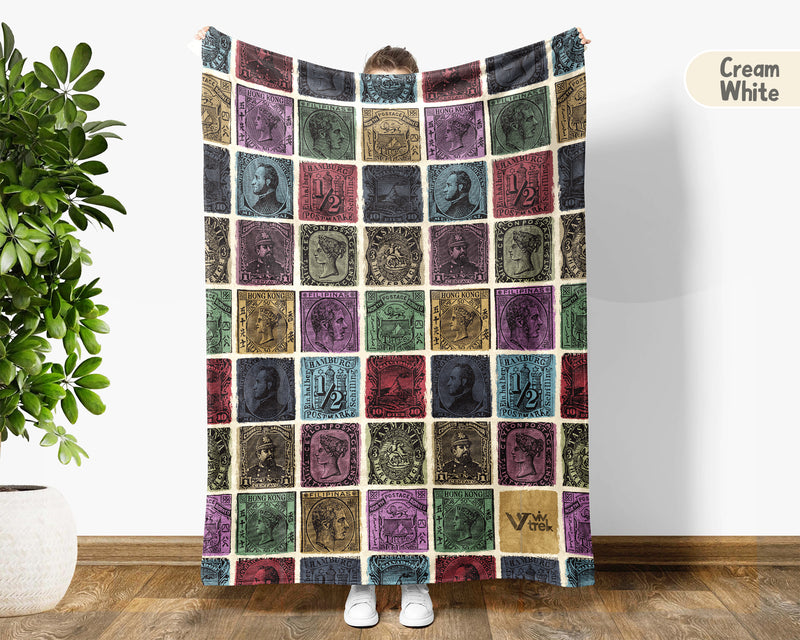 Vintage Stamp Collector Blanket, Retro Philately Throw for Cozy Hobby Decor and Postage Gift Lovers