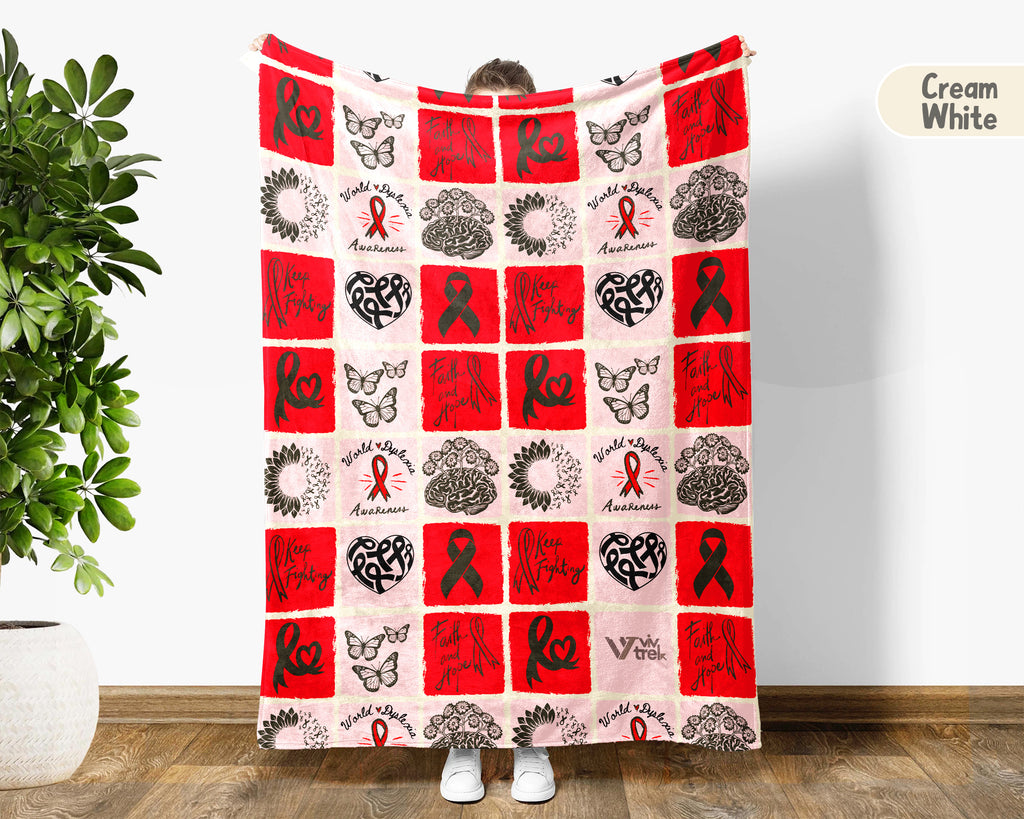 Dyslexia Awareness Blanket for October, Cozy Red Ribbon Throw Battle Blanket for Students, Educators & Family, Meaningful Support Gift