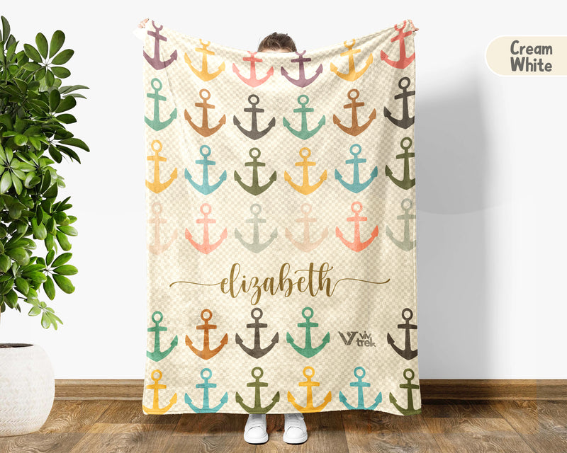 Custom Name Vintage Anchor Throw Blanket, Personalized Boating Lake Life Gift for Sailor Captain Ocean Adventure Lovers