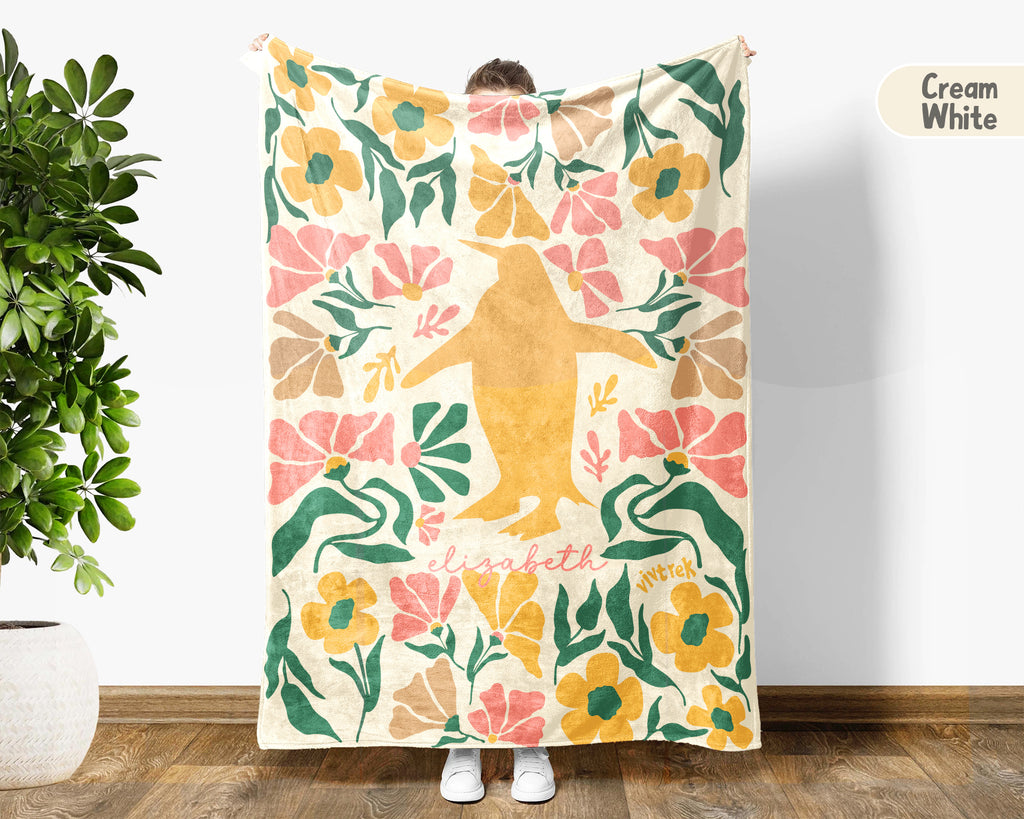 Personalized Name Floral Penguin Blanket, Cozy Floral Throw for Kids Teens Adults, Cute Penguin Lover Gift