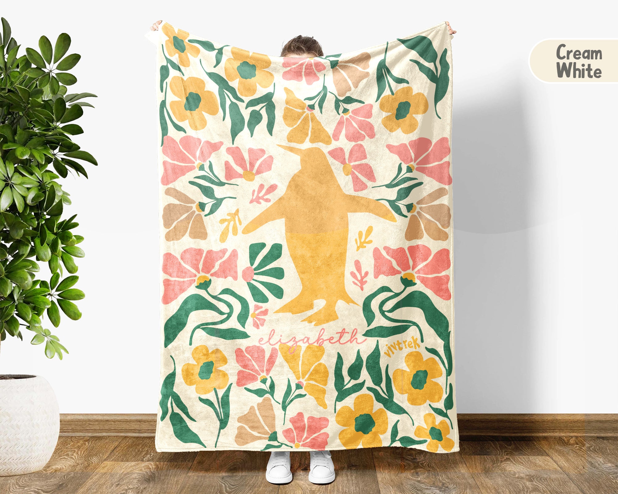Personalized Name Floral Penguin Blanket, Cozy Floral Throw for Kids Teens Adults, Cute Penguin Lover Gift