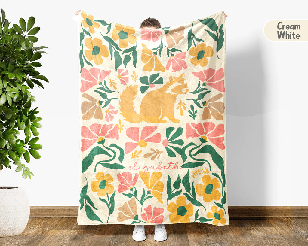 Floral  Raccoon Blanket with Custom Name, Cute Woodland Animal Gift, Cozy Floral Throw for Kids Teens Adults
