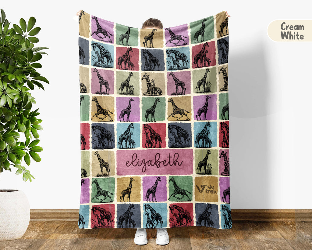 Personalized Giraffe Blanket – Custom Name Cozy Vintage Wildlife Throw