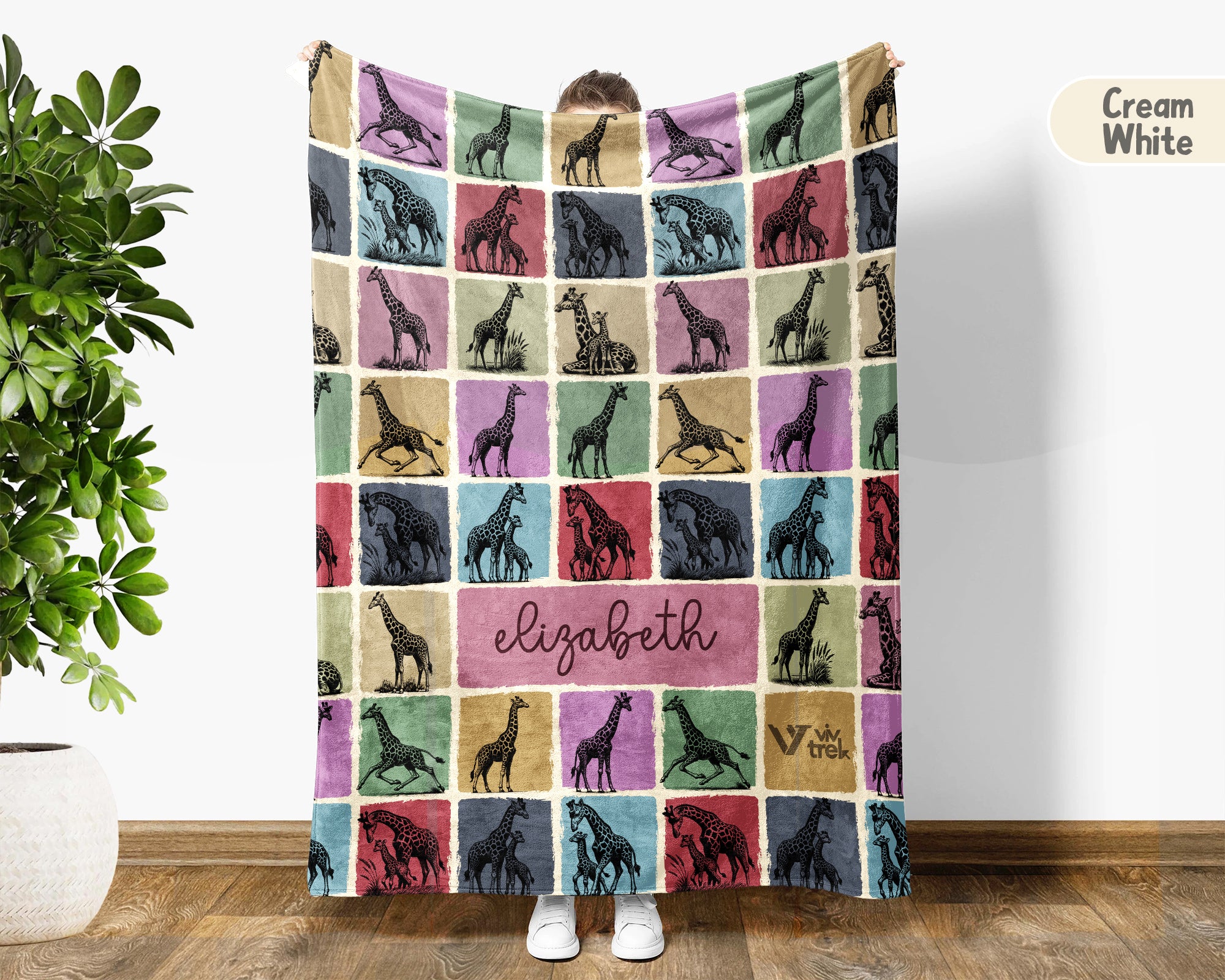 Personalized Giraffe Blanket – Custom Name Cozy Vintage Wildlife Throw
