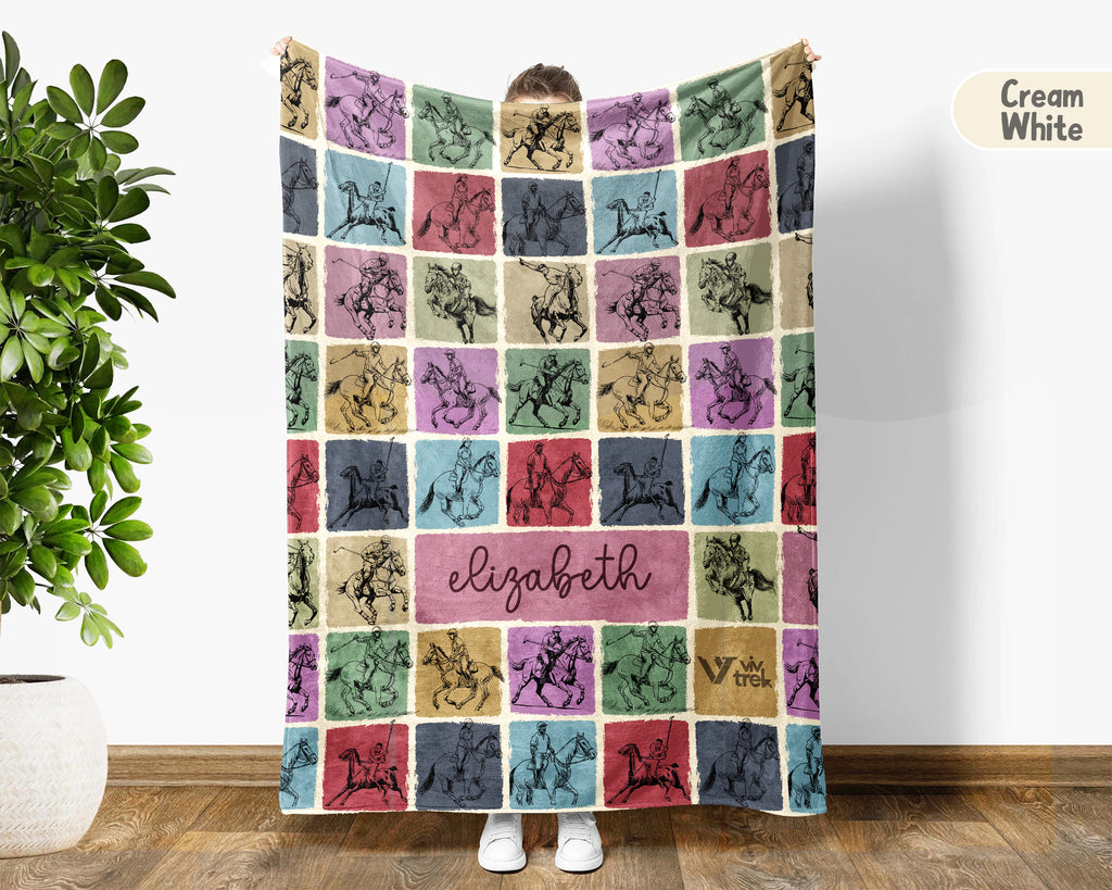 Personalized Name Polo Player Blanket, Retro Equestrian Throw for Horse Lovers