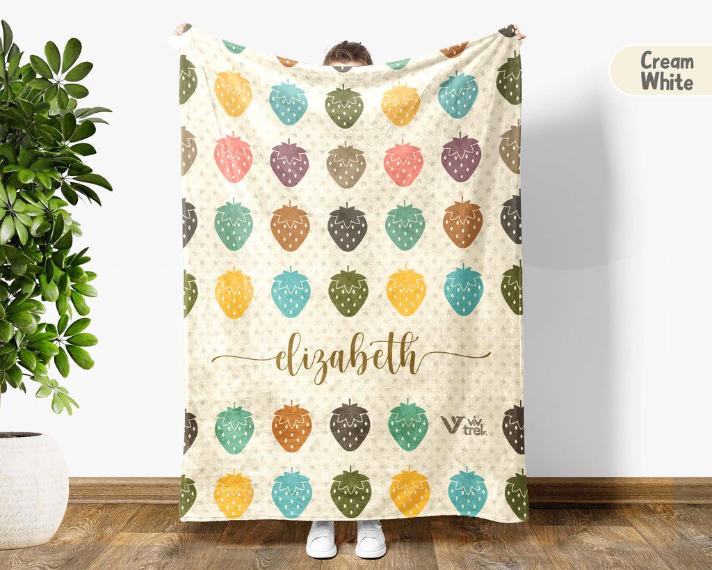 Custom Name Strawberry Blanket, Cozy Retro Fruit Throw for Kids and Adults