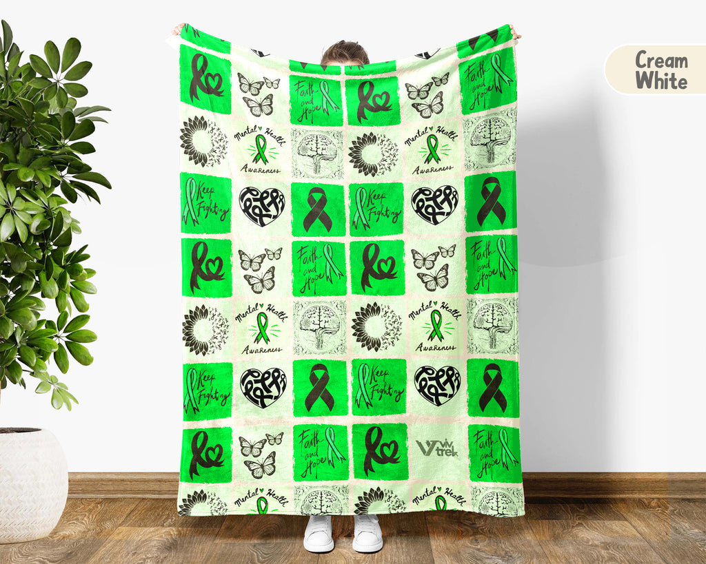 Mental Health Awareness Blanket with Green Ribbon, Cozy Wellness Throw, Thoughtful Comfort Gift for Loved Ones in May, Supportive & Inspirational, Battle Blanket