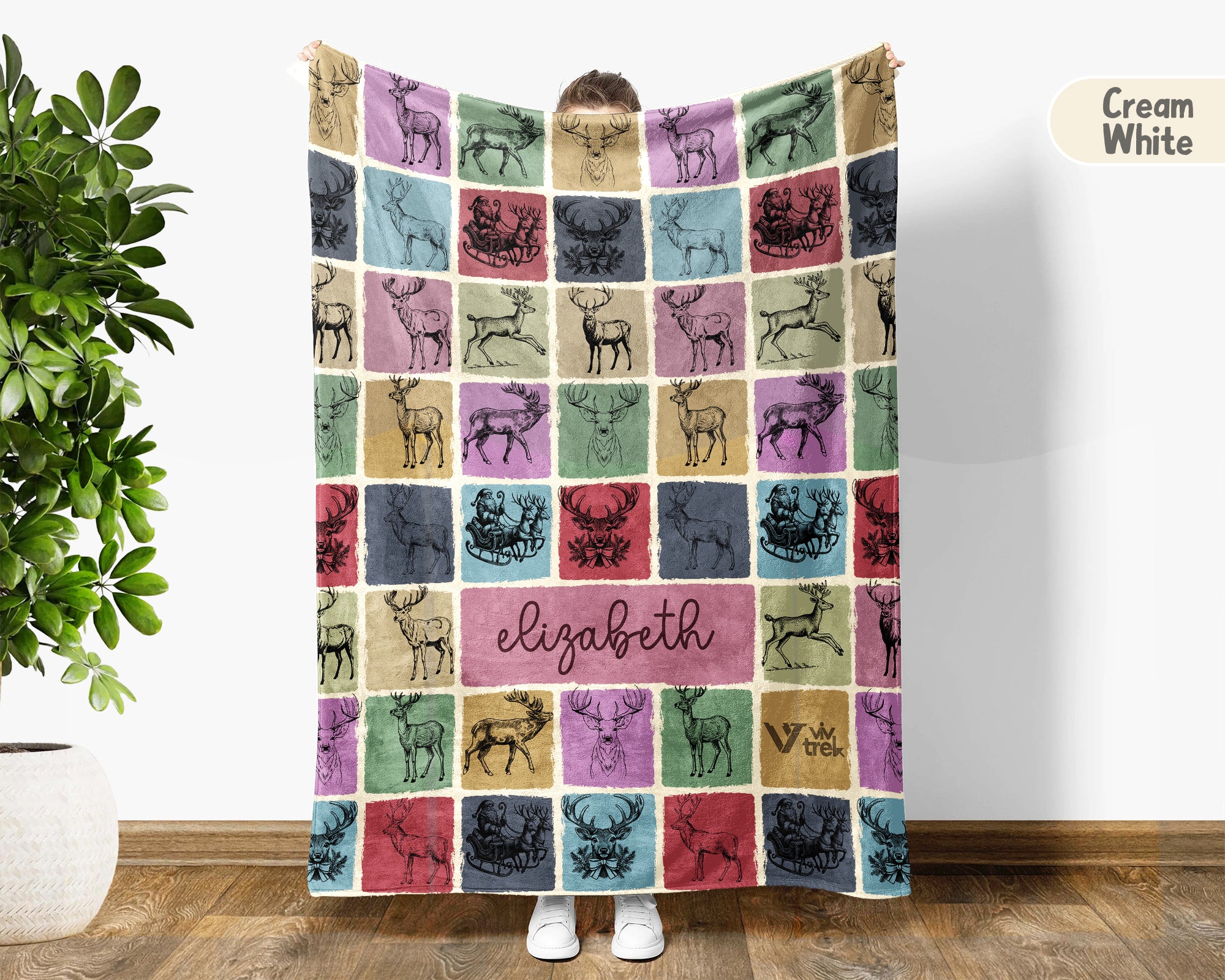 Personalized Name Reindeer Blanket, Vintage Wildlife Throw Gift for Rustic Cabin Decor and Cozy Forest Inspired Spaces