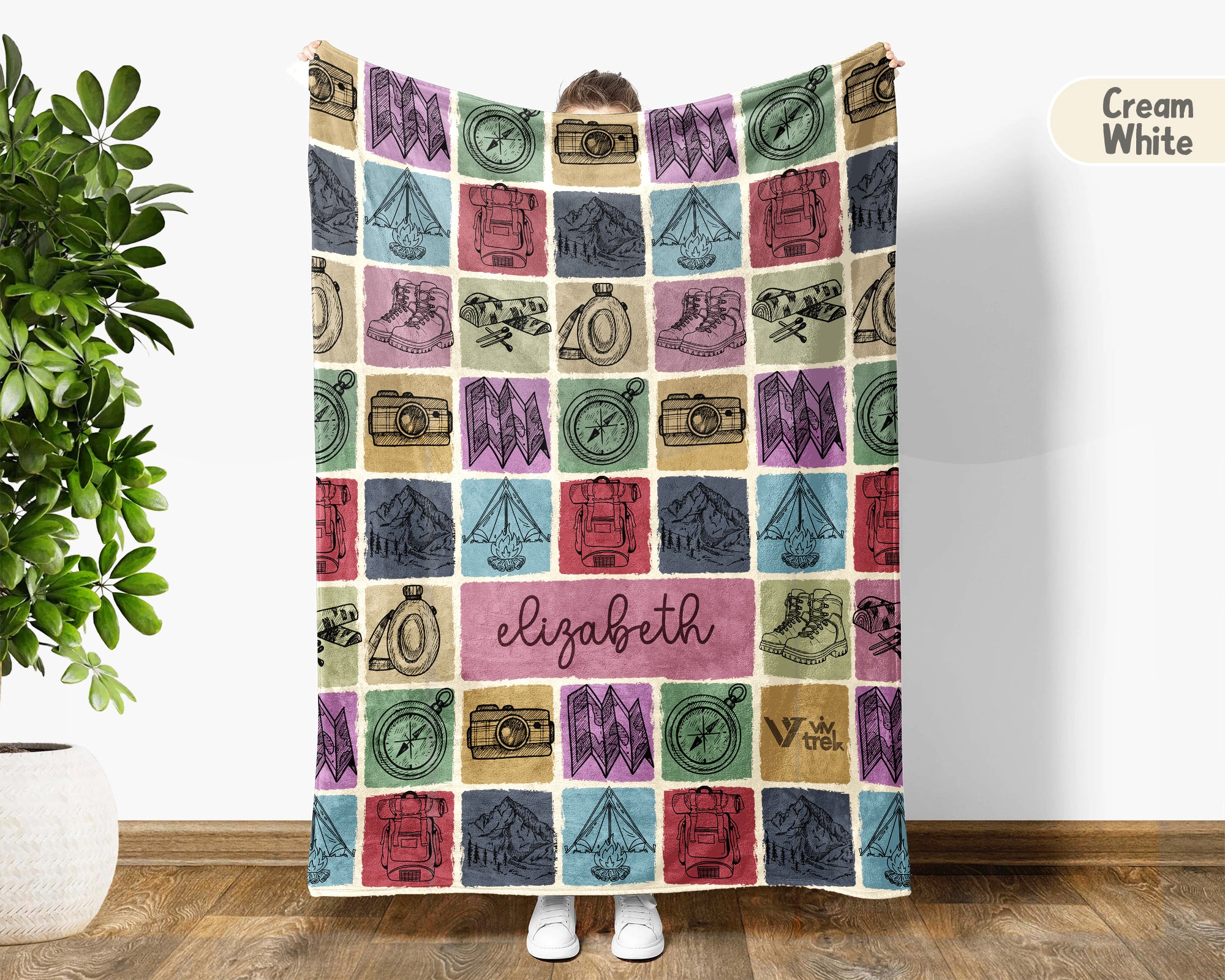 Personalized Name Hiking Blanket, Retro Mountain Throw for Outdoor Lovers, Cozy Nature Inspired Hiker Gift Decor