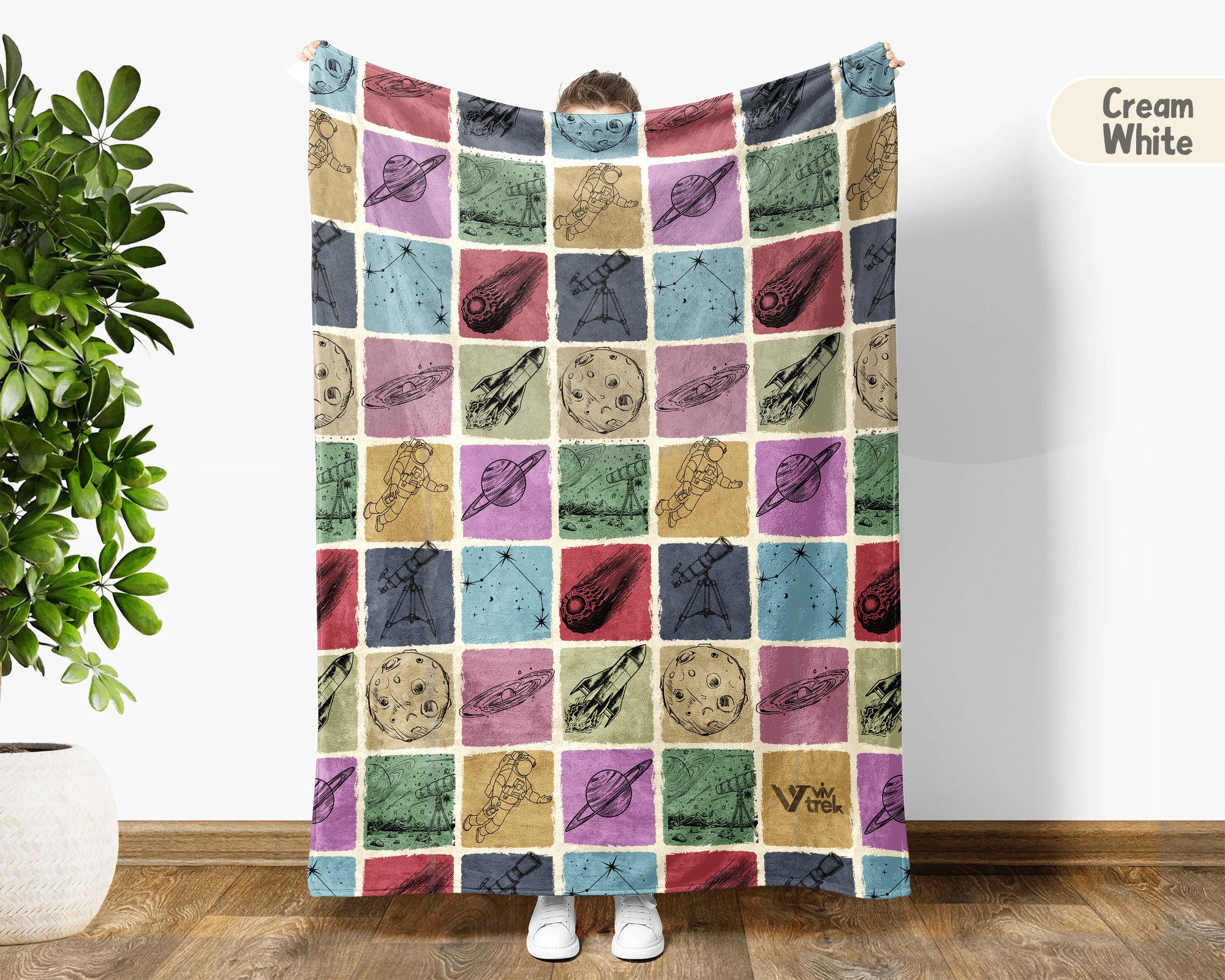 Vintage Astronomy Blanket for Space Lovers, Cozy Galaxy Throw with Planet Rocket and Astronaut Inspired Decor