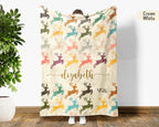 Custom Name Retro Reindeer Blanket, Personalized Woodland Animal Throw for Cabin Lodge Decor and Cozy Nature Gifts