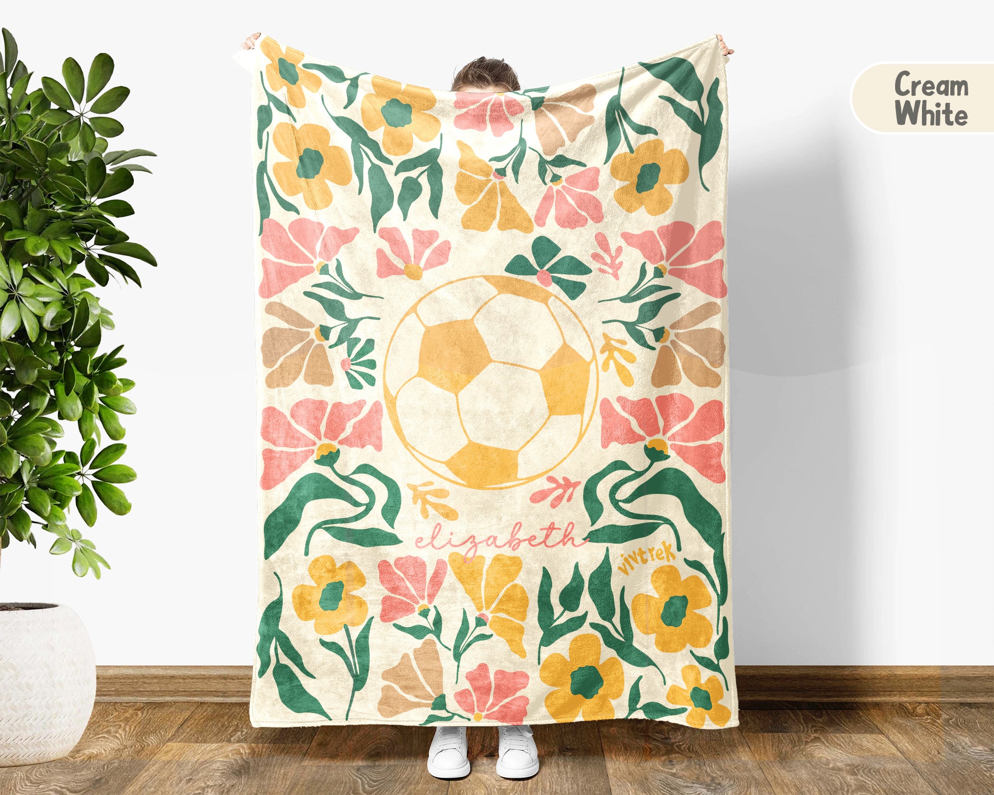 Custom Name Soccer Floral Blanket, Personalized Football Fan Throw, Cozy Sports Gift for Players and Soccer Lovers Room Decor