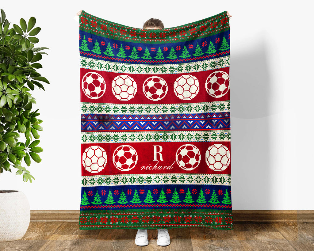Soccer Christmas Blanket, Personalized Soccer Throw for Boys and Girls, Soccer Lover, Cozy Holiday Gift for Player, Kids Sports Blanket
