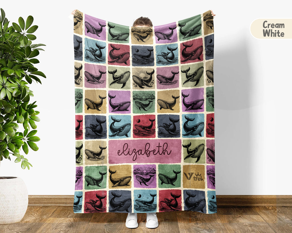Custom Whale Blanket Personalized Name Ocean Throw Cozy Sea Life Decor Nautical Gift Coastal Home Accent Marine Animal Design