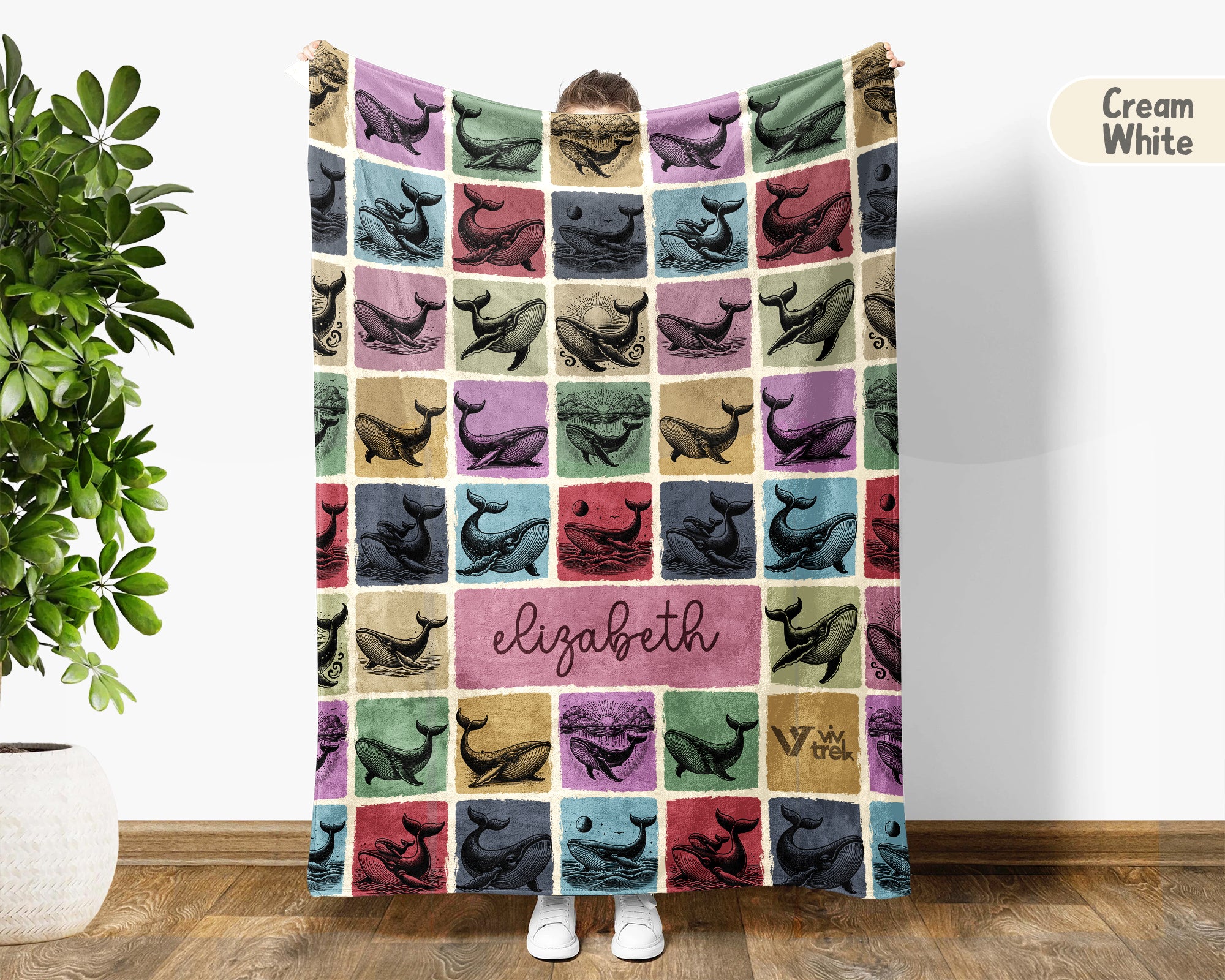 Custom Whale Blanket Personalized Name Ocean Throw Cozy Sea Life Decor Nautical Gift Coastal Home Accent Marine Animal Design